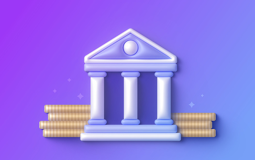 Banking financial institution building coins modern 3D abstract background.