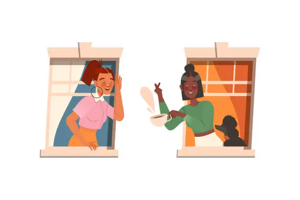 Vector illustration of Woman in Open Window Talking to Neighbor Vector Set