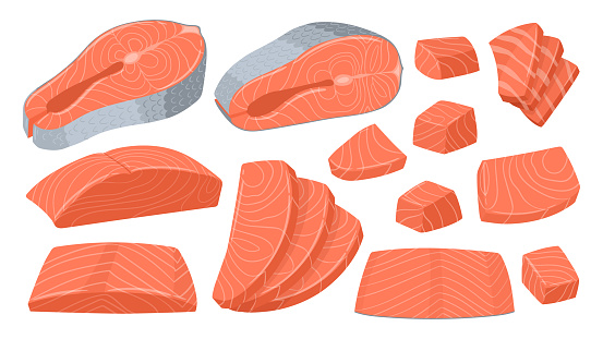 Cartoon sliced salmon. Red fish pieces, delicious sashimi slices, salmon steak and fillet flat vector illustration set. Salmon slices collection