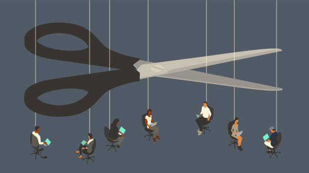 Layoffs illustration Layoffs are illustrated by an oversized pair of scissors, that looms over seven workers sitting in office chairs suspended by strings. Employees use their laptop computers and mobile devices, but some of their jobs could be cut at any time, as they are shown hanging by a thread. Their jobs are on the line. Conceptual illustration uses a flat, limited color palette over a dark blue background, presented in isometric view on a 16x9 artboard. being fired stock illustrations