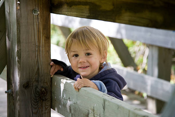 Child looking through fence stock photo
