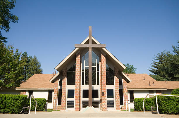 istock Front Modern Church, Big Cross, Blue Sky, Wide Angle 145855537