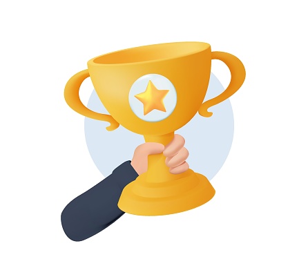 3d business success winners cup.  Golden cup, businessman or businesswoman holding prize in hand. Award celebrating trophy icon render vector illustration. Business goal achievement. 3D render icon