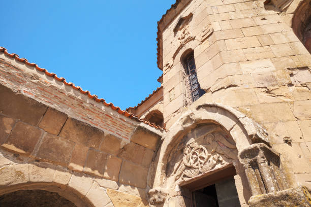 Exterior details of Jvari Monastery on a sunny day, it is a sixth-century Georgian Orthodox monastery located on the mountain peak near Mtskheta, Georgia