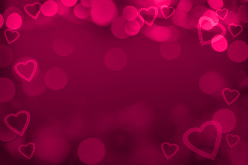 Festive composition with gift box and hearts on red background. Top view, copy space. Valentine's day concept.