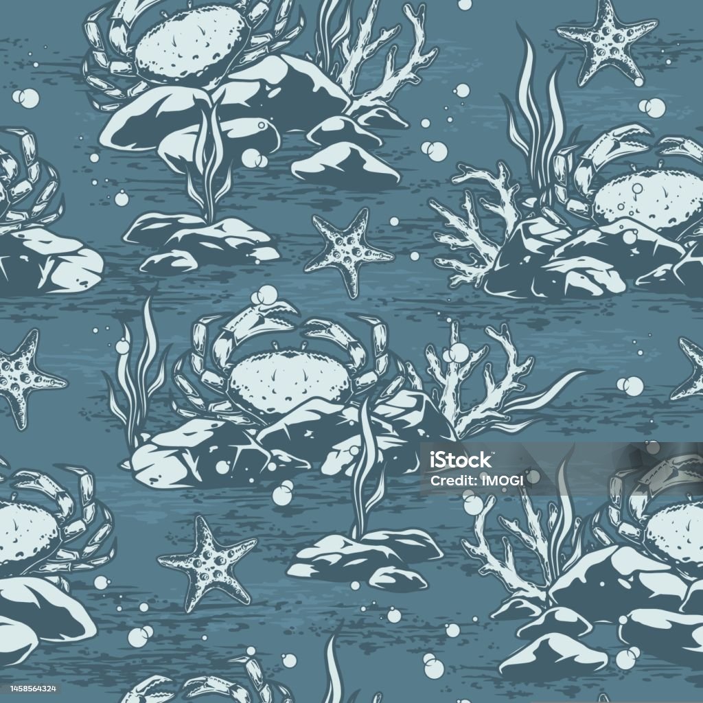 Crustachean Shell Pattern Underwater Crab Monochrome Pattern Seamless Stock Illustration ...