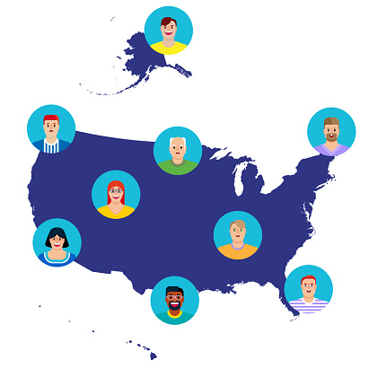 Illustration of diverse avatars placed on United States map stock illustration