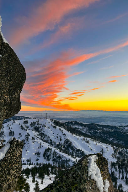 Winter sunset at Bogus Basin ski resort in Boise, Idaho stock photo