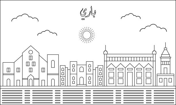illustrazioni stock, clip art, cartoni animati e icone di tendenza di skyline di bari con illustrazione vettoriale in stile line art. vettore di design della città moderna. arabo traducibile : bari - bari