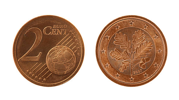 due eurocents moneta - european union coin one euro coin one euro cent coin foto e immagini stock