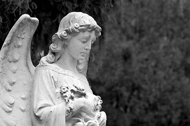 Angel with wings in garden and flowers stock photo