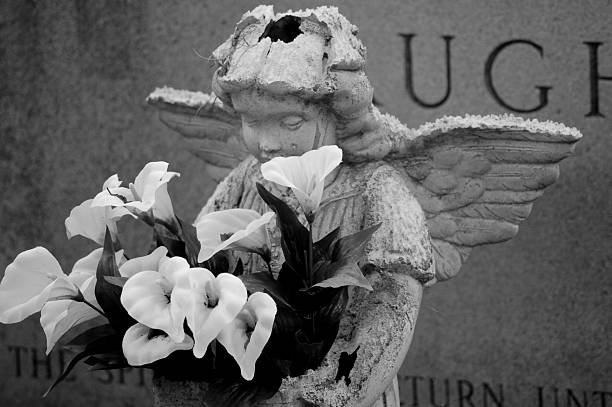 Angel statue with wings and lillies stock photo