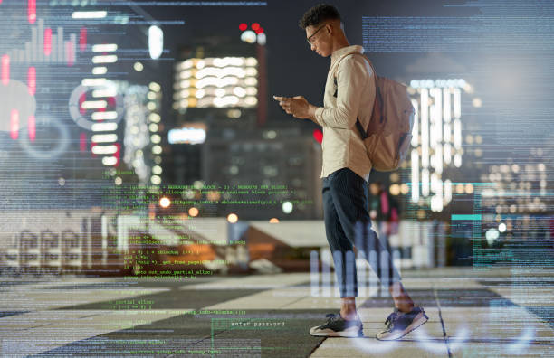 Black man, travel and phone overlay hologram for forex trading online with 5g network connection in city at night with urban buildings. Gen z African trader with smartphone for data analytics app