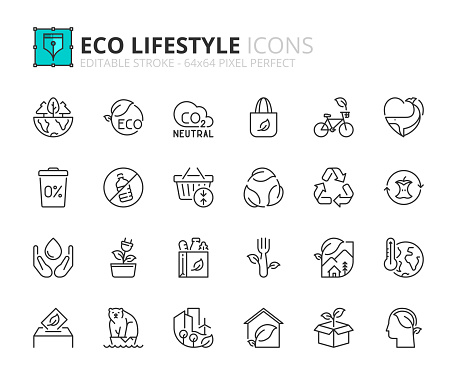 Outline icons about eco lifestyle. Ecology concept. Contains such icons as CO2 neutral, zero waste, use bike, green energy and global warming. Editable stroke Vector 64x64 pixel perfect