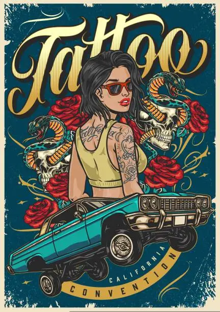 Vector illustration of Tattoo girl racer colorful poster