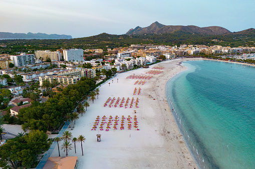 Wide angle aerial view of Alcudia beach on the Balearic Island of Majorca, Spain, Europe