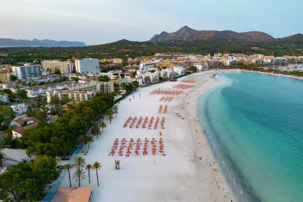 Wide angle aerial view of Alcudia beach on the Balearic Island of Majorca, Spain, Europe