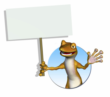 3D render of a cartoon gecko leaning through a circle, holding a blank sign.