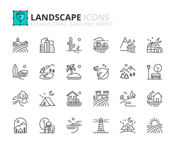 ilustraciones, imágenes clip art, dibujos animados e iconos de stock de conjunto simple de iconos de contorno sobre el paisaje - faro estructura de edificio