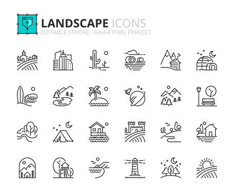 Line icons  about the landscape. Contains such icons as fields, mountains, island, grove, beach, desert and arctic. Editable stroke Vector 64x64 pixel perfect