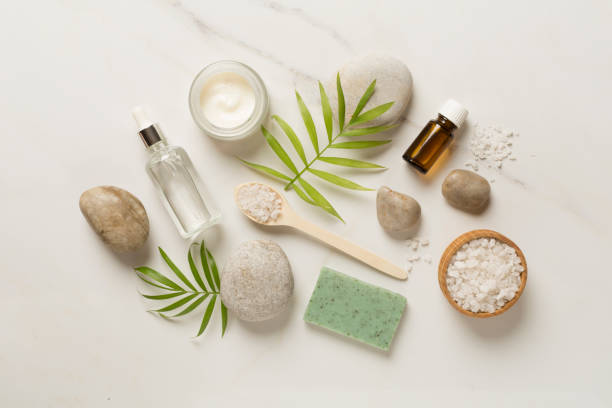 istock Composition with spa products on marble background, top view 1458572641