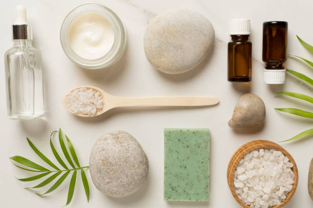 istock Composition with spa products on marble background, top view 1458572644