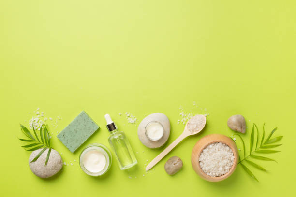istock Composition with spa products on color background, top view 1458572657