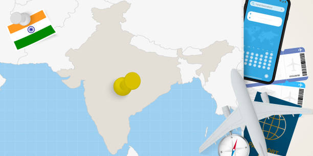 концепция путешествия в индию, карта с булавкой на карте индии. карта подготовки к отпуску, флаг, паспорт и билеты. - india capital cities new delhi map stock illustrations