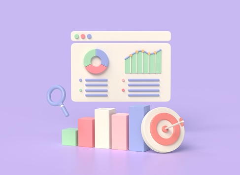 3d graph, target and arrow, chart. data analytics concept. SEO optimization, marketing. illustration isolated on purple background. 3d rendering