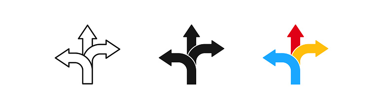 Arrow way icon. Choice direction symbol. Three option signs. Crossroad symbols. Pathway icons. Black, yellow, red, blue color. Vector isolated sign.