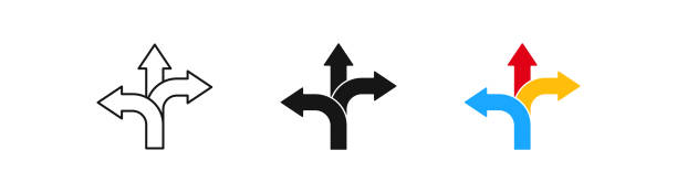 Arrow way icon. Choice direction symbol. Three option signs. Crossroad symbols. Pathway icons. Black, yellow, red, blue color. Vector sign. Arrow way icon. Choice direction symbol. Three option signs. Crossroad symbols. Pathway icons. Black, yellow, red, blue color. Vector isolated sign. crossroad stock illustrations