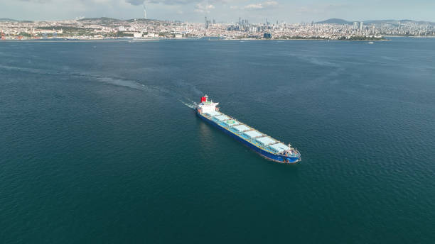 istock Aerial view of cargo ship in transit. 1458577747