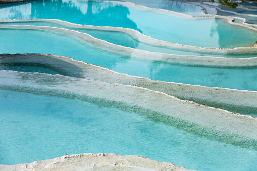 Natural travertine pools and terraces in Pamukkale. Turkey