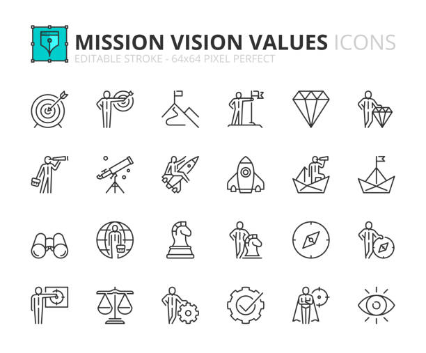 Simple set of outline icons about mission, vision and core values. Business concepts Outline icons about mission, vision and values. Business concepts. Contains such icons as businessman with binoculars, compass, spyglass, target and flag. Editable stroke Vector 64x64 pixel perfect the-way-forward stock illustrations