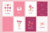 istock Set of greeting cards for Valentine's Day. Love concept. Vector cute illustrations with festive decorative elements, hearts, envelope, sweets and inscriptions. 1458582386