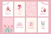 istock Set of greeting cards for Valentine's Day. Love concept. Vector cute pastel illustrations with festive decorative elements, hearts, envelope, sweets and inscriptions. 1458582407