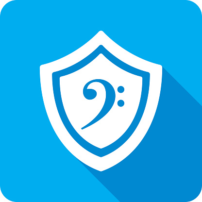 Vector illustration of a shield with bass clef icon against a blue background in flat style.