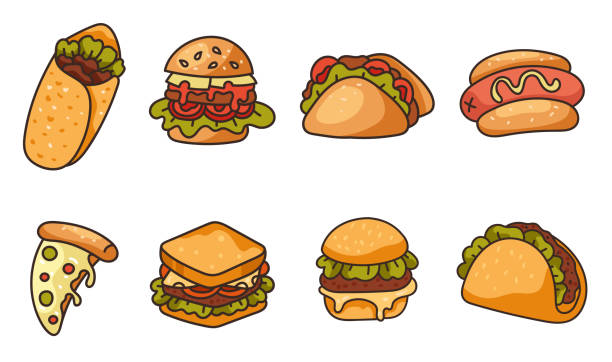 ilustrações, clipart, desenhos animados e ícones de hambúrguer fast street food, pizza, sanduíche, conjunto isolado de taco. conjunto de conceitos de estilo de arte de linha doodle. ilustração do elemento do design gráfico do desenho animado do vetor - hamburger refreshment hot dog bun