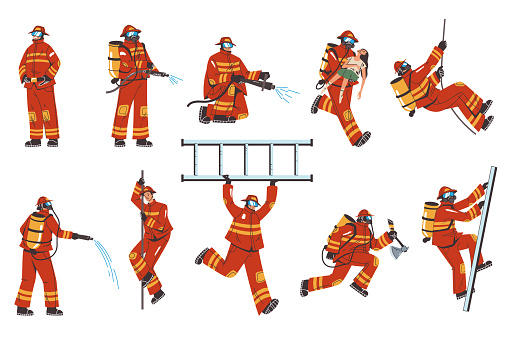 Firefighter characters maskot isolated set. Fireman workers wearing uniform. Rescue equipment and emergency work concept. Vector cartoon graphic design element