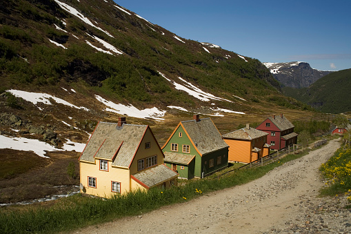 A view of charming small houses from the Flam railway in Norway