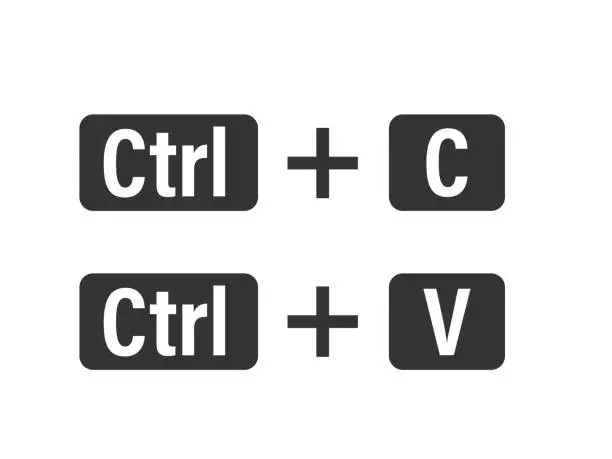 Vector illustration of Keyboard buttons Ctrl C, Ctrl V, a combination of copy and paste keys. Black and white computer icons. Vector illustration