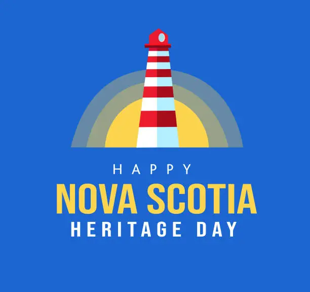Vector illustration of Happy Nova Scotia Heritage Day February lighthouse concept. Square banner template design, poster with text