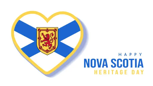 Vector illustration of Happy Nova Scotia Heritage Day February concept with flag in heart. Horizontal banner template design, poster with text