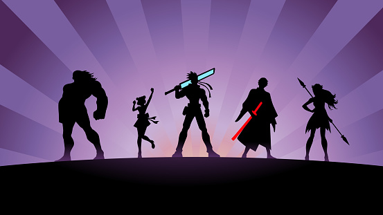 A silhouette style vector illustration of a team of anime style heroes with sunburst effect in the background. Easy to grab and edit, wide space available for your copy.