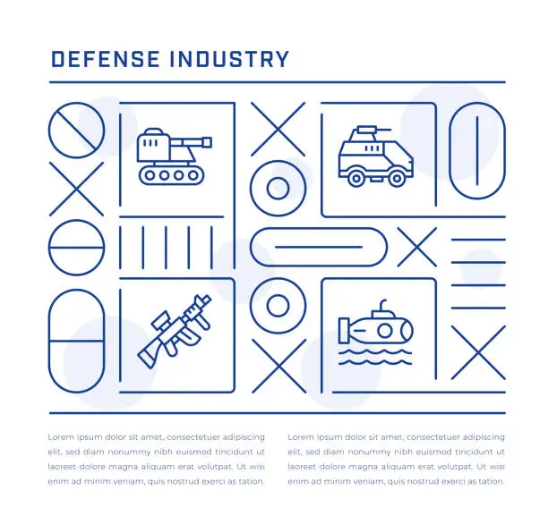 Vector illustration of Defense Industry Web Banner Design with Tank, Armored Vehicle, rifle, Submarine Line Icons