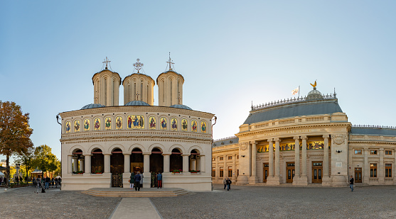 Bucharest, Romania - October 23, 2022: A picture of the Patriarchal Cathedral of Saints Constantine and Helena and the Palace of the Patriarchate.