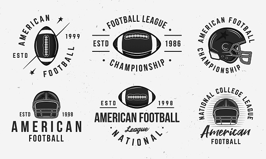 6 Football emblems with helmets and balls icons. Print for t-shirt, typography. Emblem, poster templates. Vector illustration