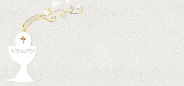 First holy communion invitation card. Chalice and communion host , handmade with paper and cardboard, background with copy space to text and photo,  hand-drawn. Panoramic image.