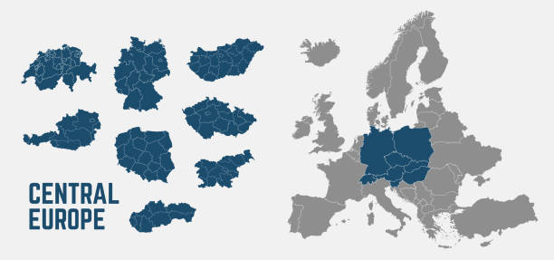 illustrazioni stock, clip art, cartoni animati e icone di tendenza di mappa dell'europa centrale. mappe di svizzera, germania, polonia, ungheria, austria con le regioni. mappa dell'europa isolata su sfondo bianco. alto dettaglio. illustrazione vettoriale - scozia centrale