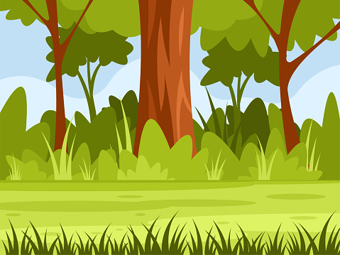 Summer forest background. The path that goes through the thicket of the forest. Vector graphics
